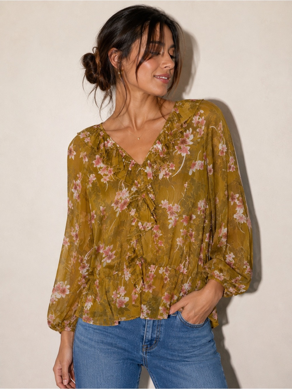 Sundance 100% Silk Floral Ruffle Blouse XS